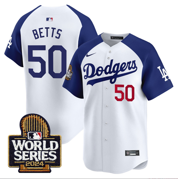 Men MLB Los Angeles Dodgers 50 Betts white 2024 World Series Champions Patch Limited Jersey20241105 style 2